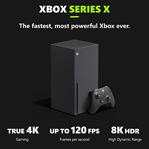 Xbox Series X console with controller, featuring specs like True 4K, up to 120 FPS, and 8K HDR.