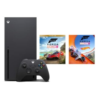 Xbox Series X console with controller and Forza Horizon 5 game covers