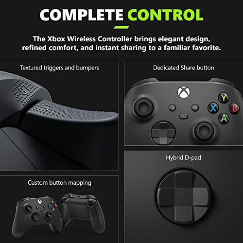 Xbox Wireless Controller features including textured triggers, share button, custom mapping, and hybrid D-pad.